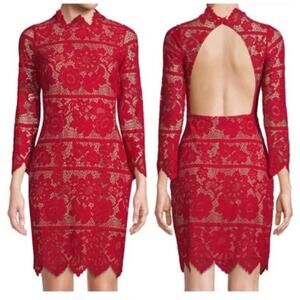 FOR LOVE & LEMONS NEW $260 SZ LARGE RED LACE LONG SLEEVE BACK KEYHOLE DRESS